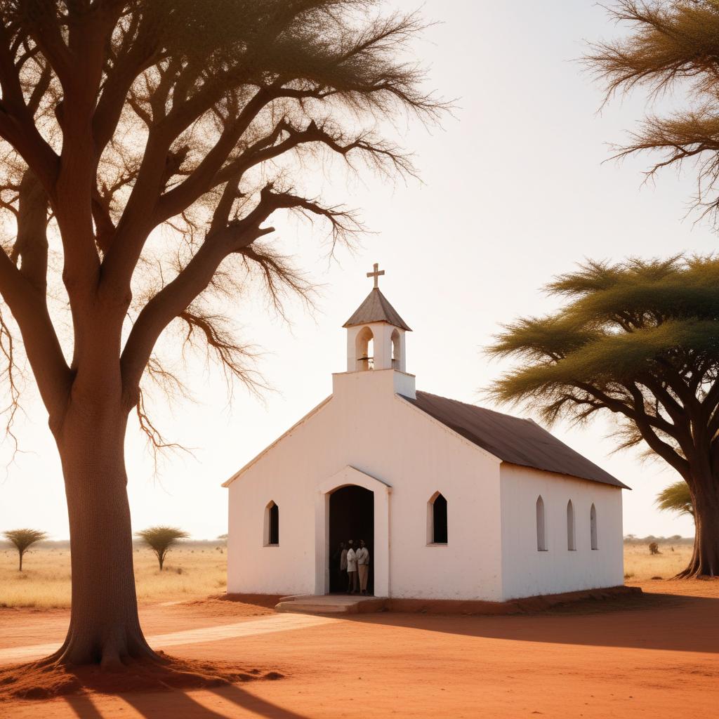 A small weathered church on the African plains with people gathered outside