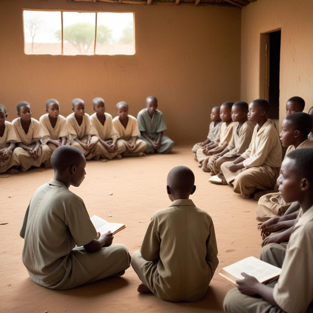 African children and congregation listening to scripture in a humble village church