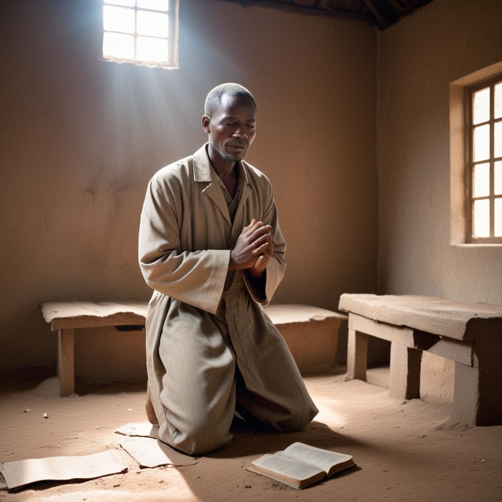Humble African pastor praying in a rural village church with mud walls