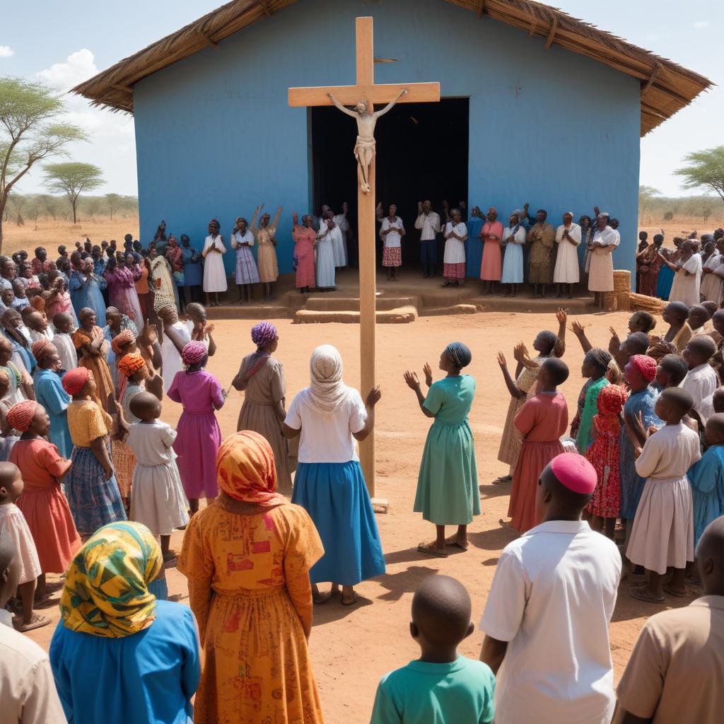 Poor rural African village holding an outdoor church service under makeshift shade