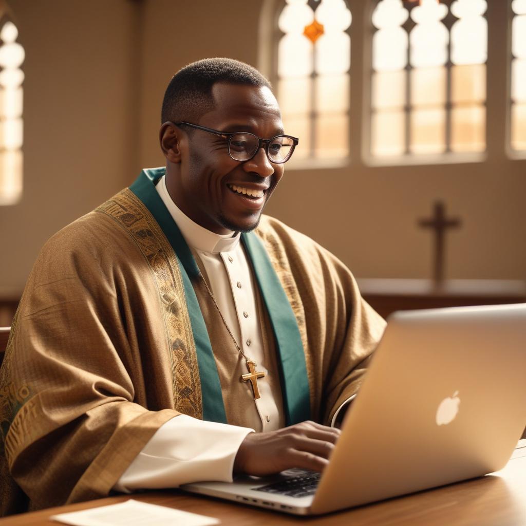African pastor reviewing his church website on a laptop